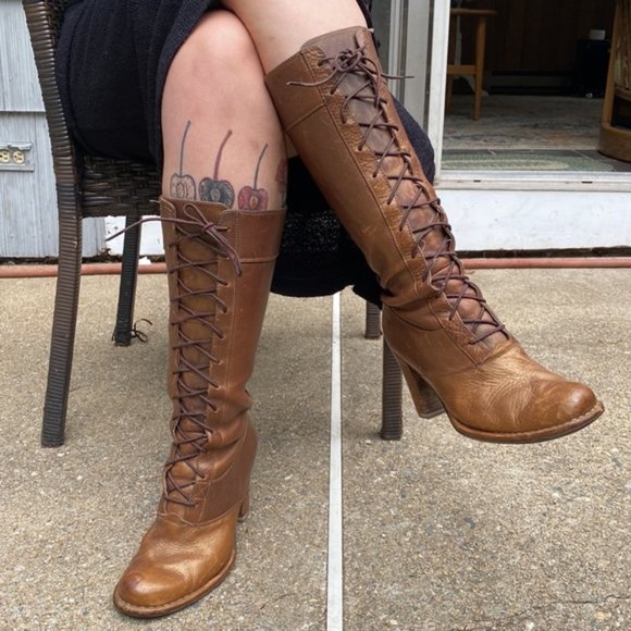 Vintage Frye Villager Brown Leather Knee High Tall Heeled Zip Up Lace Up Boots - Picture 3 of 15